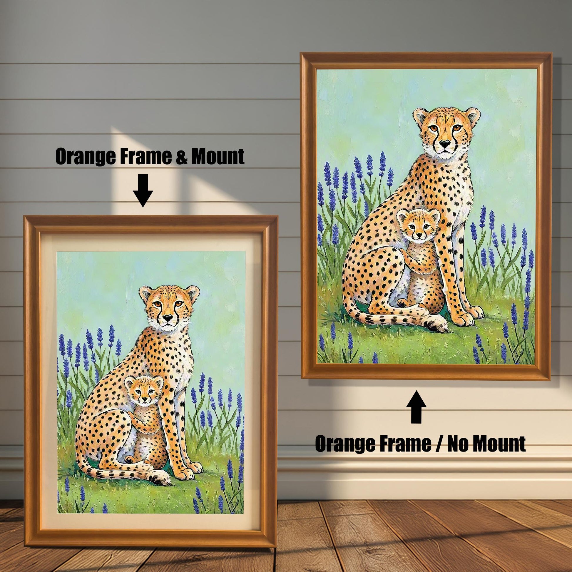 Comparison image of the cheetah mother and cub art print in an Orange Frame (gold/light brown) with and without a Mount (matting).