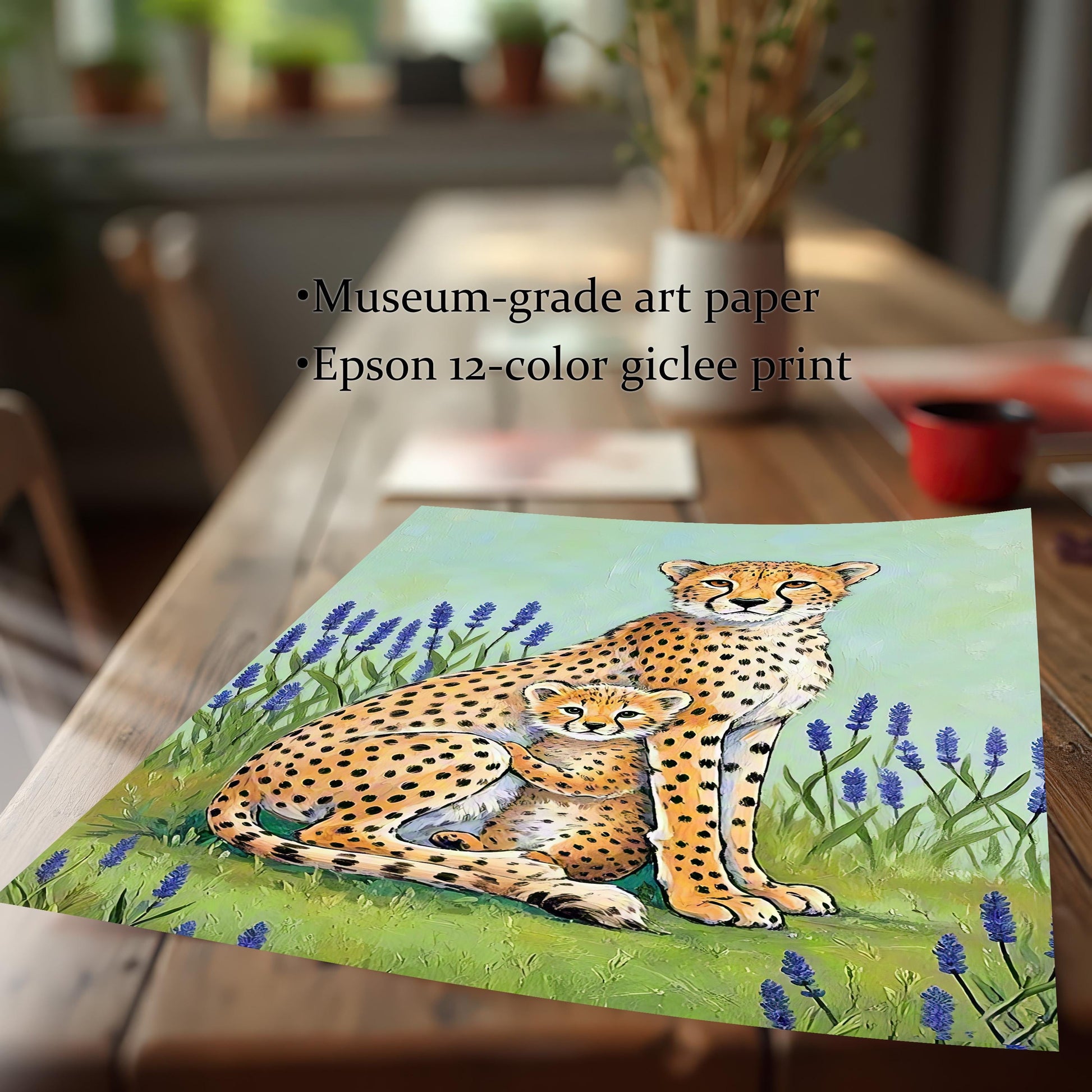 A close-up of the art print rolled out on a wooden table, emphasizing the print quality. Text notes the paper is Museum-grade art paper and printed with an Epson 12-color giclee print. The artwork features a cheetah mother and cub in a lavender field.
