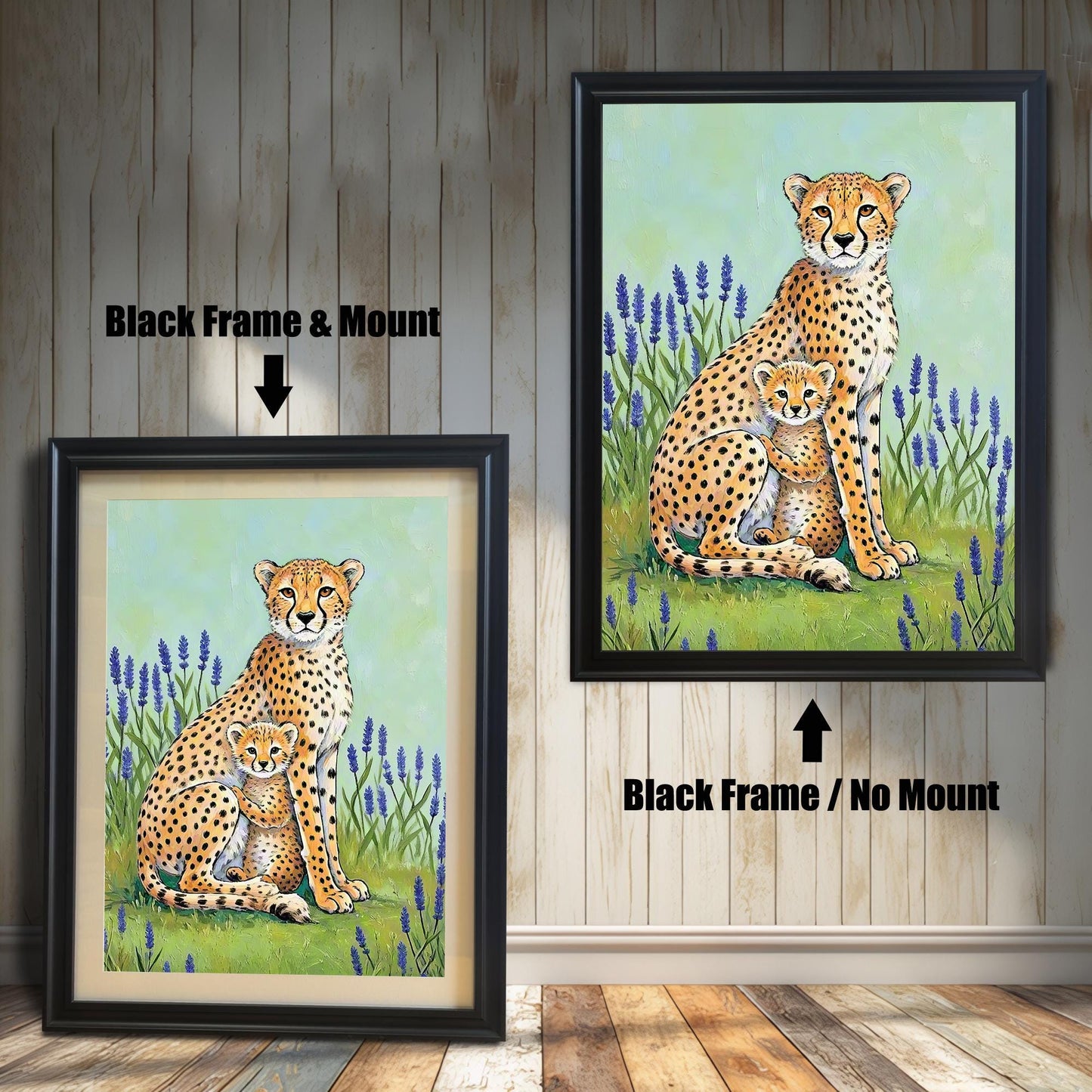 Comparison image of the cheetah mother and cub art print in a Black Frame with and without a Mount (matting).