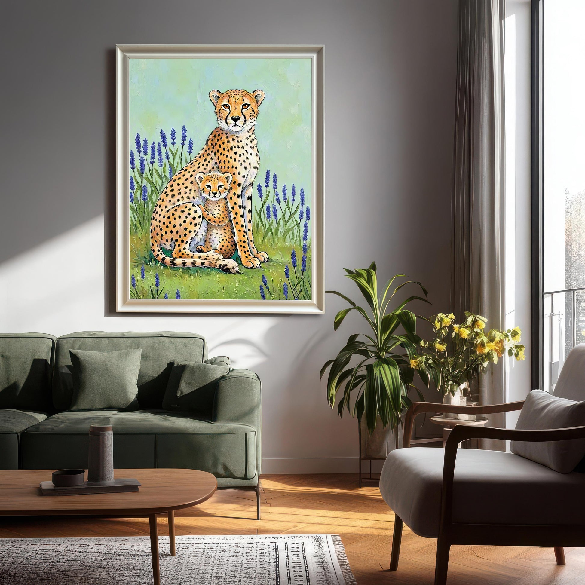 A large framed art print of the cheetah mother and cub hanging on a dark gray wall above a green sofa in a modern, sunlit living room. The print is showcased in a White Wood Frame.