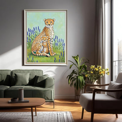 A large framed art print of the cheetah mother and cub hanging on a dark gray wall above a green sofa in a modern, sunlit living room. The print is showcased in a White Wood Frame.