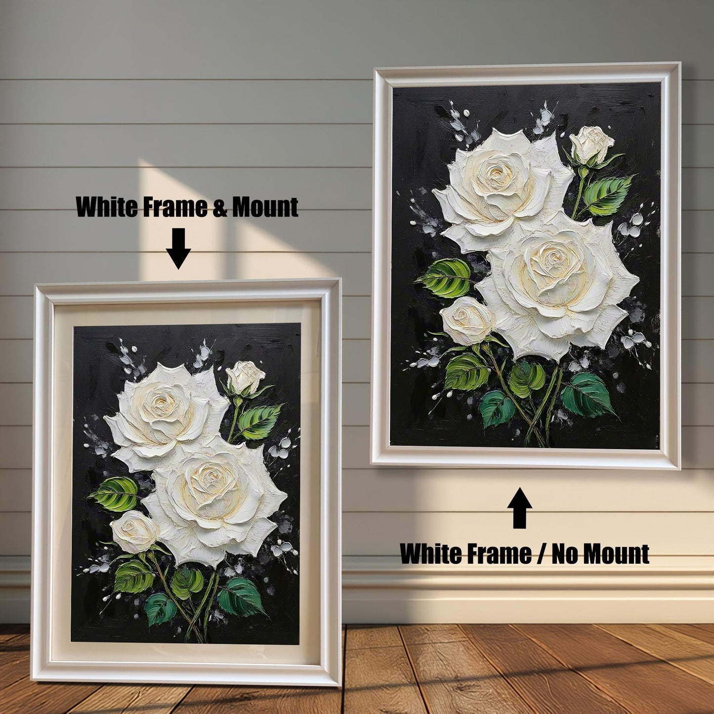 White Rose Textured Art Print with Wood Frame | Floral Black Background | Elegant Wall Decor