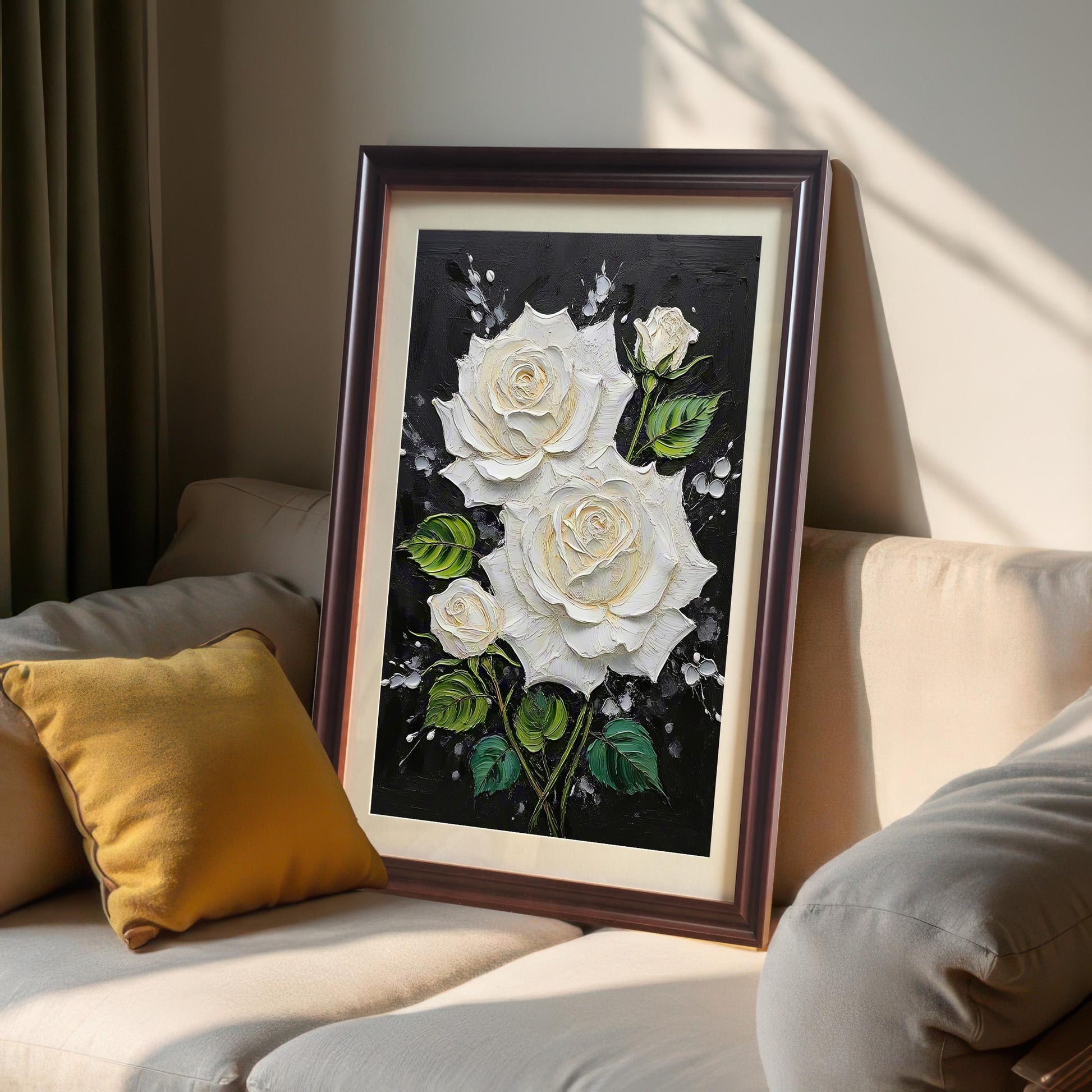 White Rose Textured Art Print with Wood Frame | Floral Black Background | Elegant Wall Decor