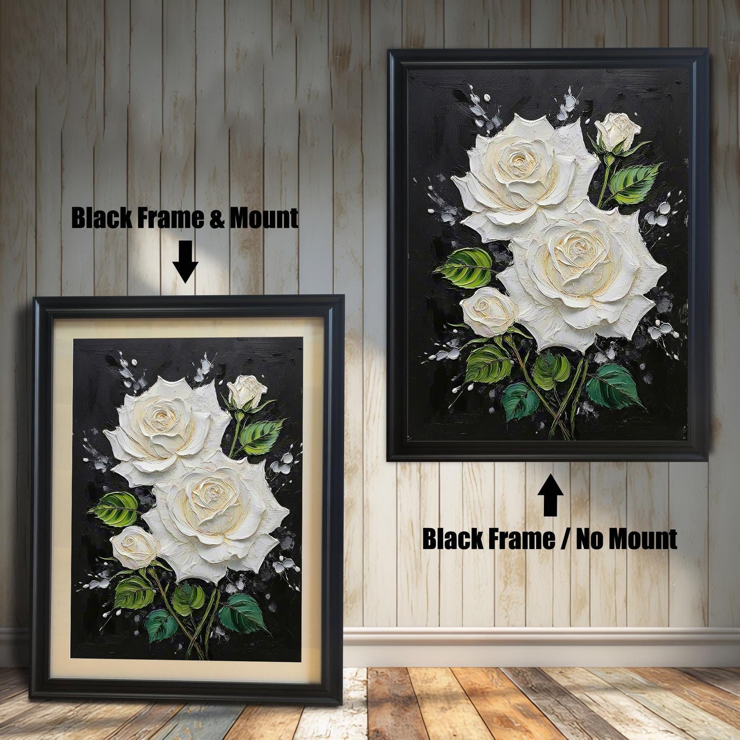 White Rose Textured Art Print with Wood Frame | Floral Black Background | Elegant Wall Decor
