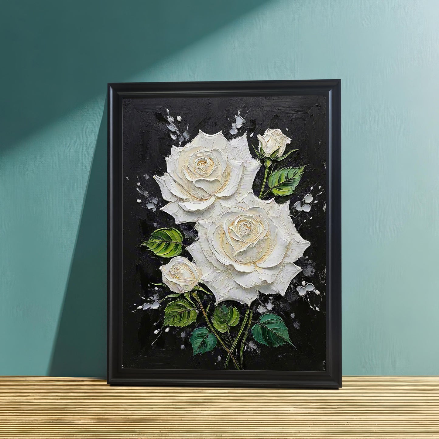 White Rose Textured Art Print with Wood Frame | Floral Black Background | Elegant Wall Decor