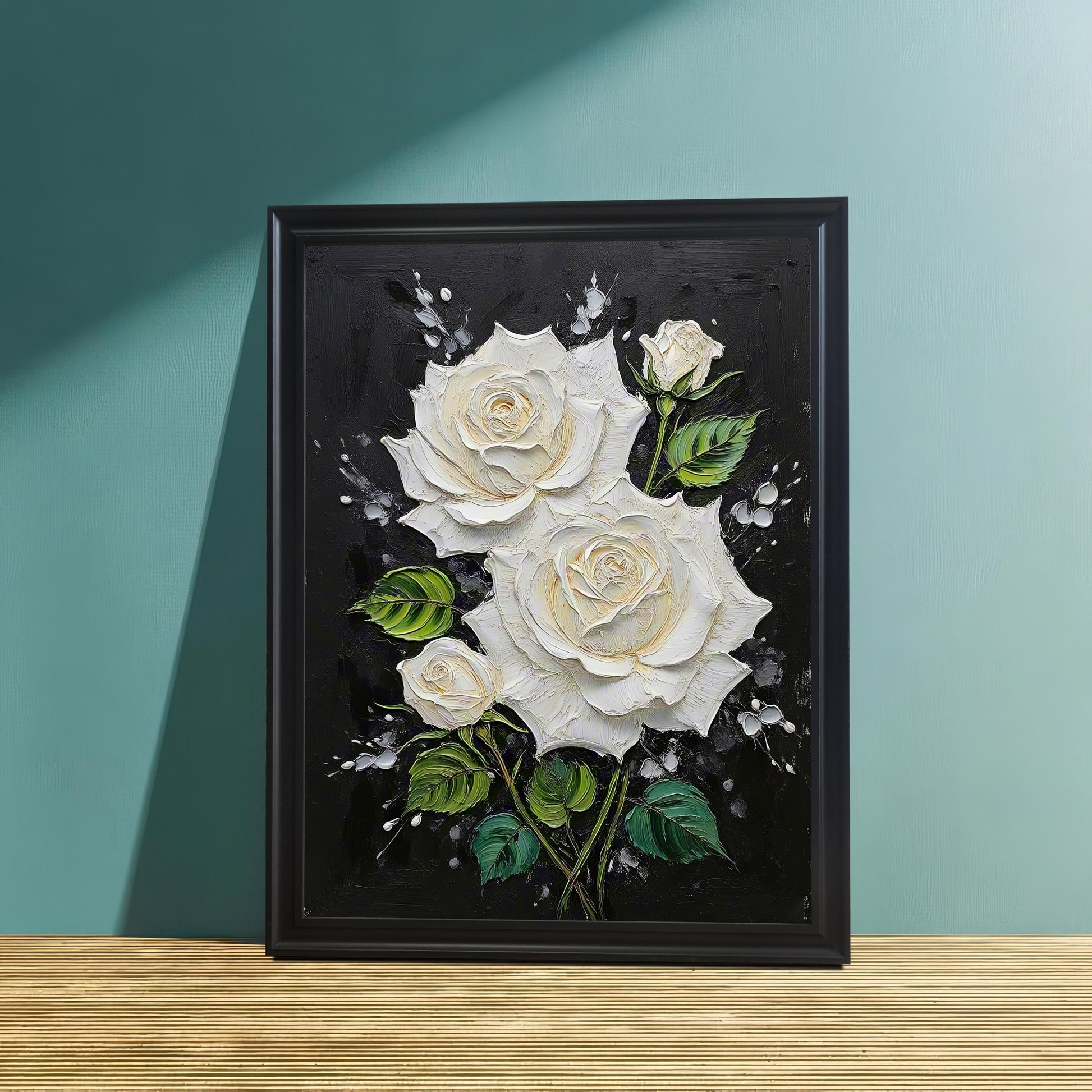White Rose Textured Art Print with Wood Frame | Floral Black Background | Elegant Wall Decor