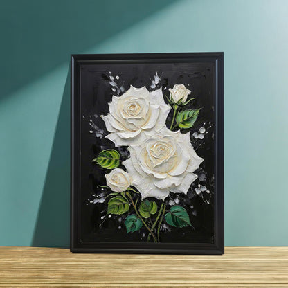 White Rose Textured Art Print with Wood Frame | Floral Black Background | Elegant Wall Decor