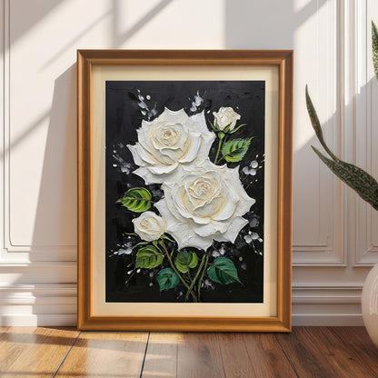 White Rose Textured Art Print with Wood Frame | Floral Black Background | Elegant Wall Decor
