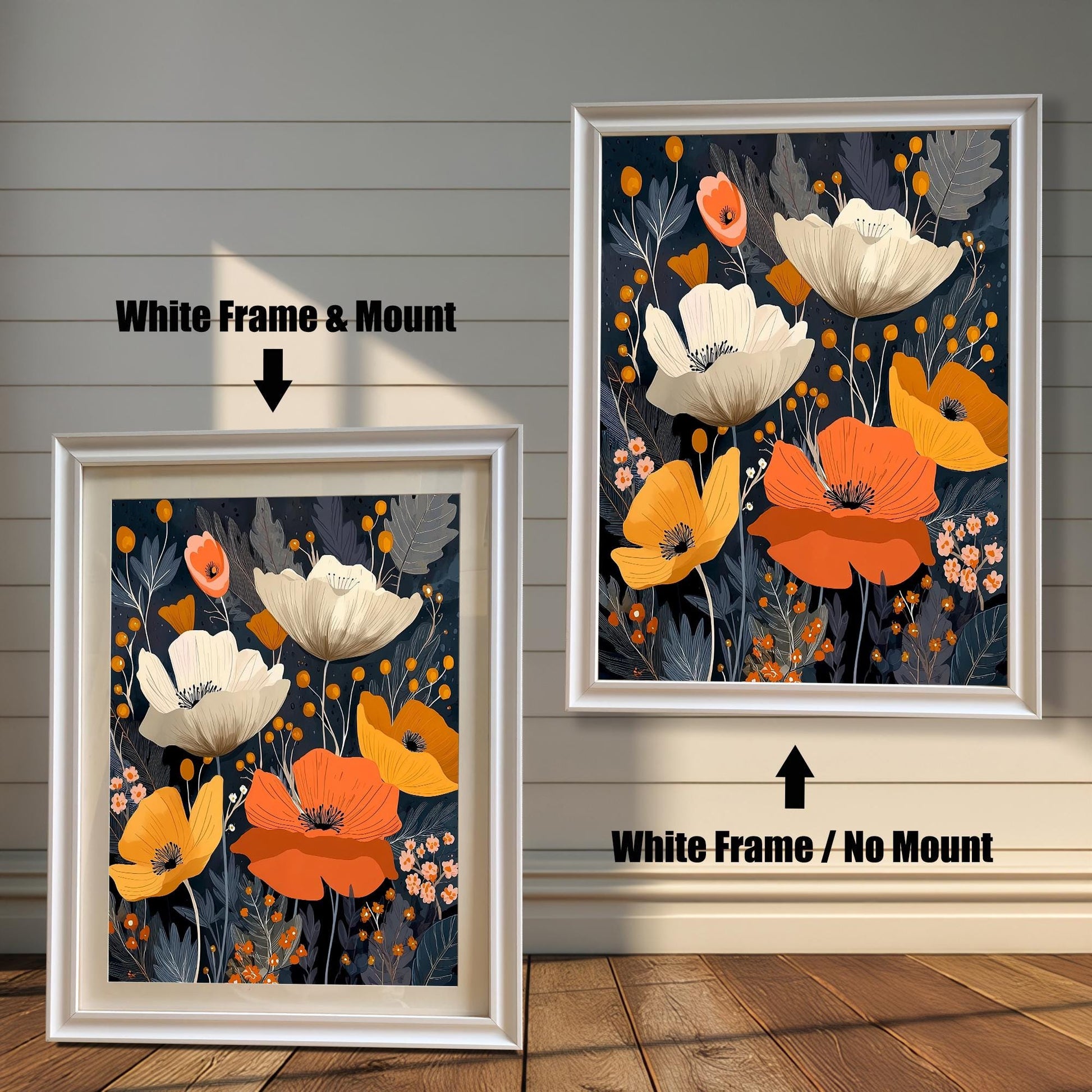 Comparison of the artwork, featuring white and orange poppies on a dark background, with a White Frame & Mount (matting) on the left, and a White Frame / No Mount (no matting) on the right, against a white shiplap wall.