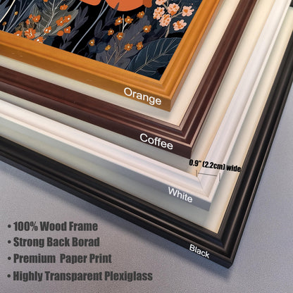 Close-up of four picture frame corners showing the color options: Orange, Coffee (dark brown), White, and Black. The frame is 0.9" (2.2cm) wide. Text lists features: 100% Wood Frame, Strong Back Board, Premium Paper Print, Highly Transparent Plexiglass.