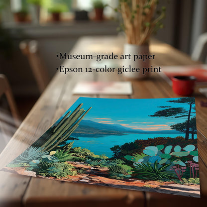 A high-quality print of the blue lake and desert landscape artwork is displayed on a wooden table. Text highlights the print quality: Museum-grade art paper and Epson 12-color giclee print.