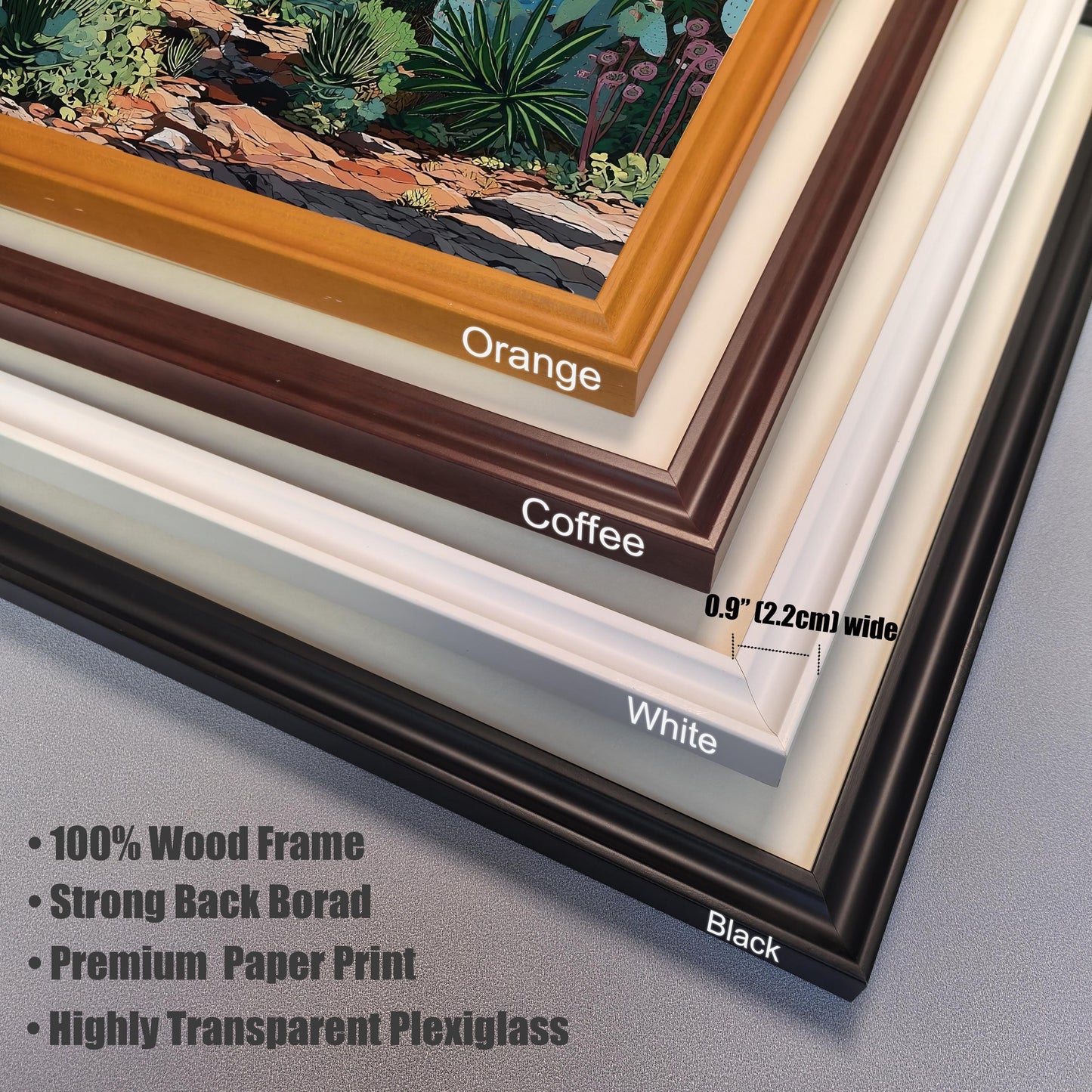 Close-up of four picture frame corners showing the color options: Orange, Coffee (dark brown), White, and Black. The frame is 0.9" (2.2cm) wide. Text lists features: 100% Wood Frame, Strong Back Board, Premium Paper Print, Highly Transparent Plexiglass.