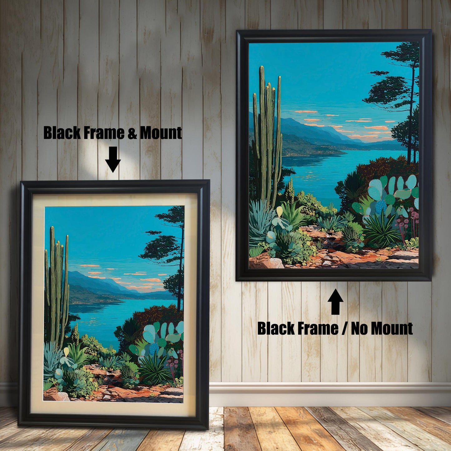 Comparison of the artwork with a Black Frame & Mount (matting) on the left, and a Black Frame / No Mount (no matting) on the right, against a wooden shiplap wall.
