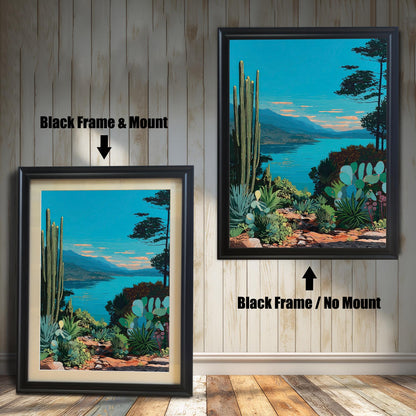 Comparison of the artwork with a Black Frame & Mount (matting) on the left, and a Black Frame / No Mount (no matting) on the right, against a wooden shiplap wall.