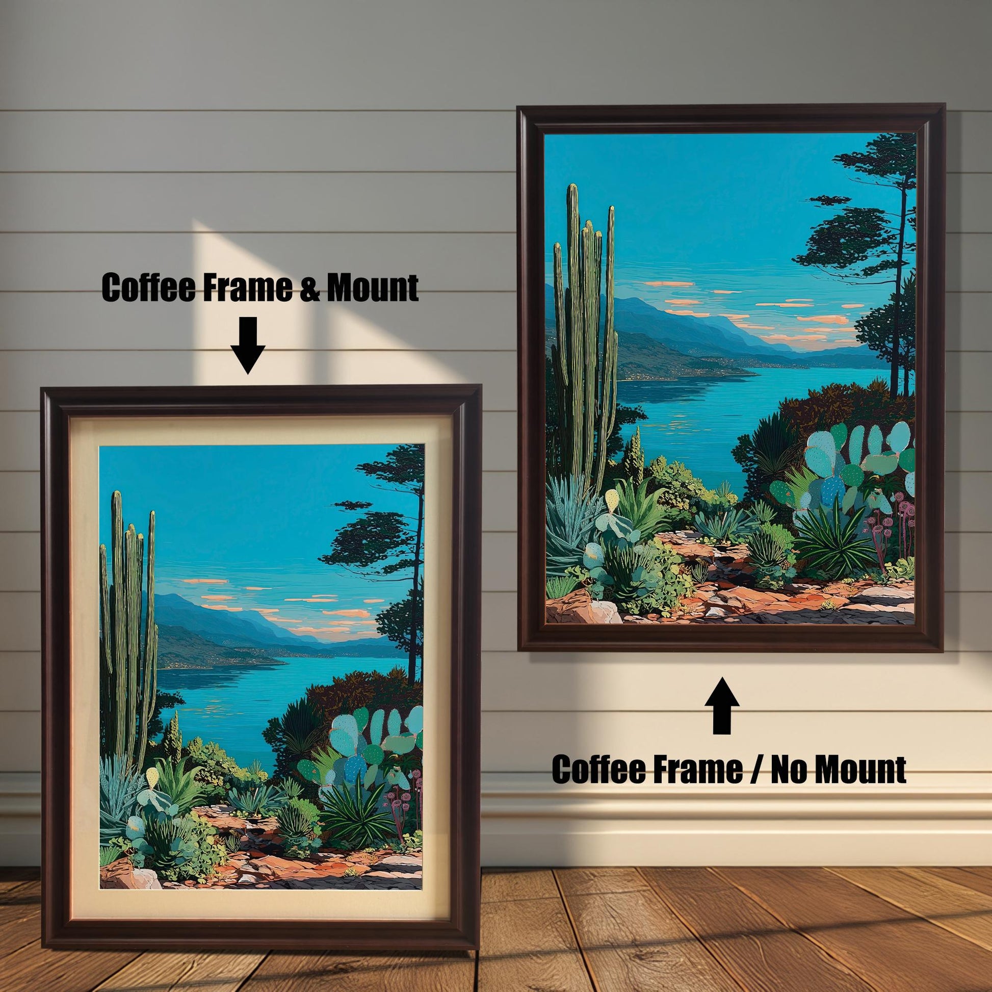 Comparison of the artwork with a Coffee Frame & Mount (matting) on the left, and a Coffee Frame / No Mount (no matting) on the right, against a wooden shiplap wall.
