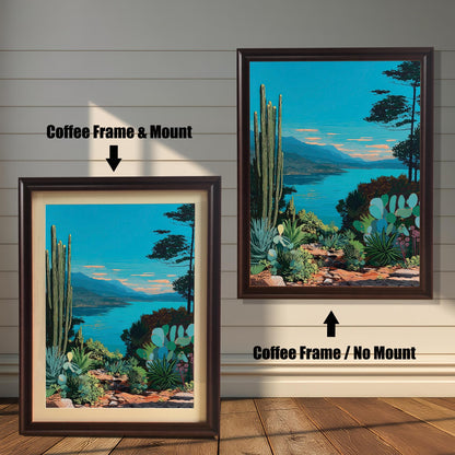 Comparison of the artwork with a Coffee Frame & Mount (matting) on the left, and a Coffee Frame / No Mount (no matting) on the right, against a wooden shiplap wall.
