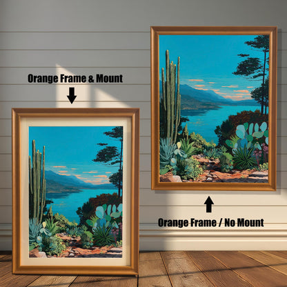 Comparison of the artwork with an Orange Frame & Mount (matting) on the left, and an Orange Frame / No Mount (no matting) on the right, against a white shiplap wall and wood floor.