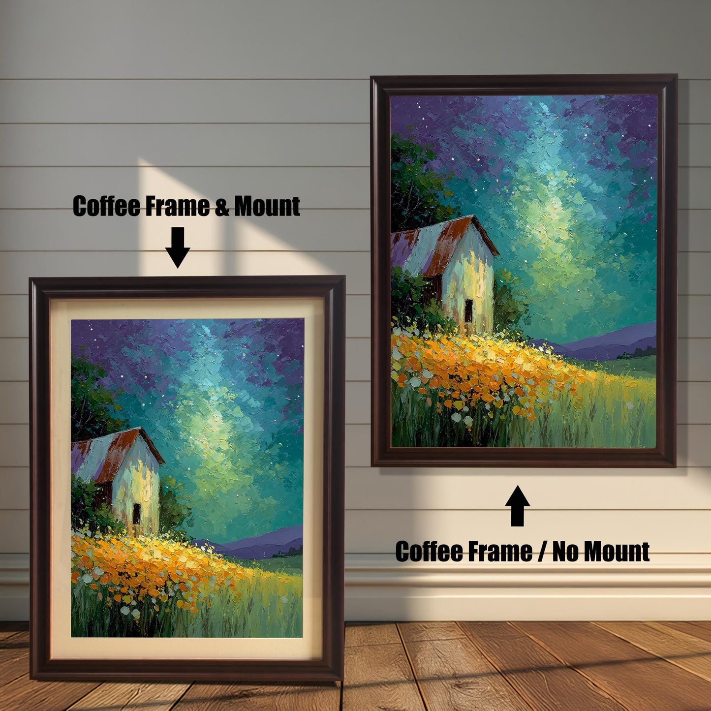 Two framed barn prints on a white wood wall. One shows a Coffee Frame & Mount (matting), and the other a Coffee Frame / No Mount. Arrows highlight the difference.