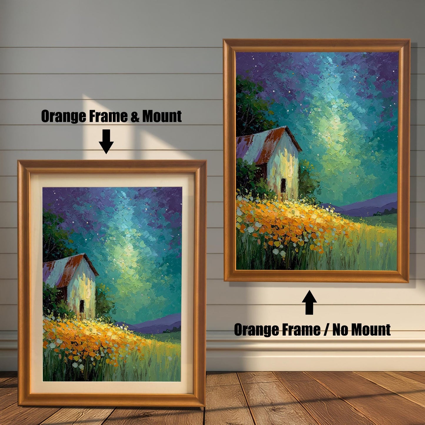 Two framed barn prints on a white wood wall. One shows an Orange Frame & Mount (matting), and the other an Orange Frame / No Mount. Arrows highlight the difference.