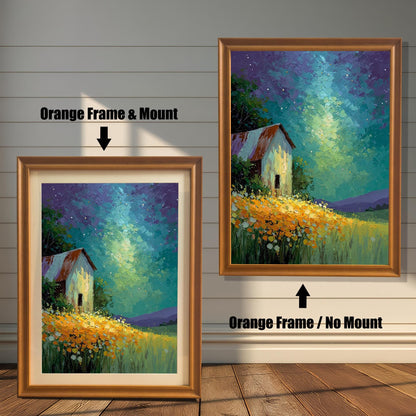 Two framed barn prints on a white wood wall. One shows an Orange Frame & Mount (matting), and the other an Orange Frame / No Mount. Arrows highlight the difference.