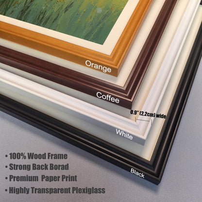 Close-up of four layered picture frame corners labeled Orange, Coffee, White, and Black. Text lists features: 100% Wood Frame, Strong Back Borad, Premium Paper Print, and Highly Transparent Plexiglass.
