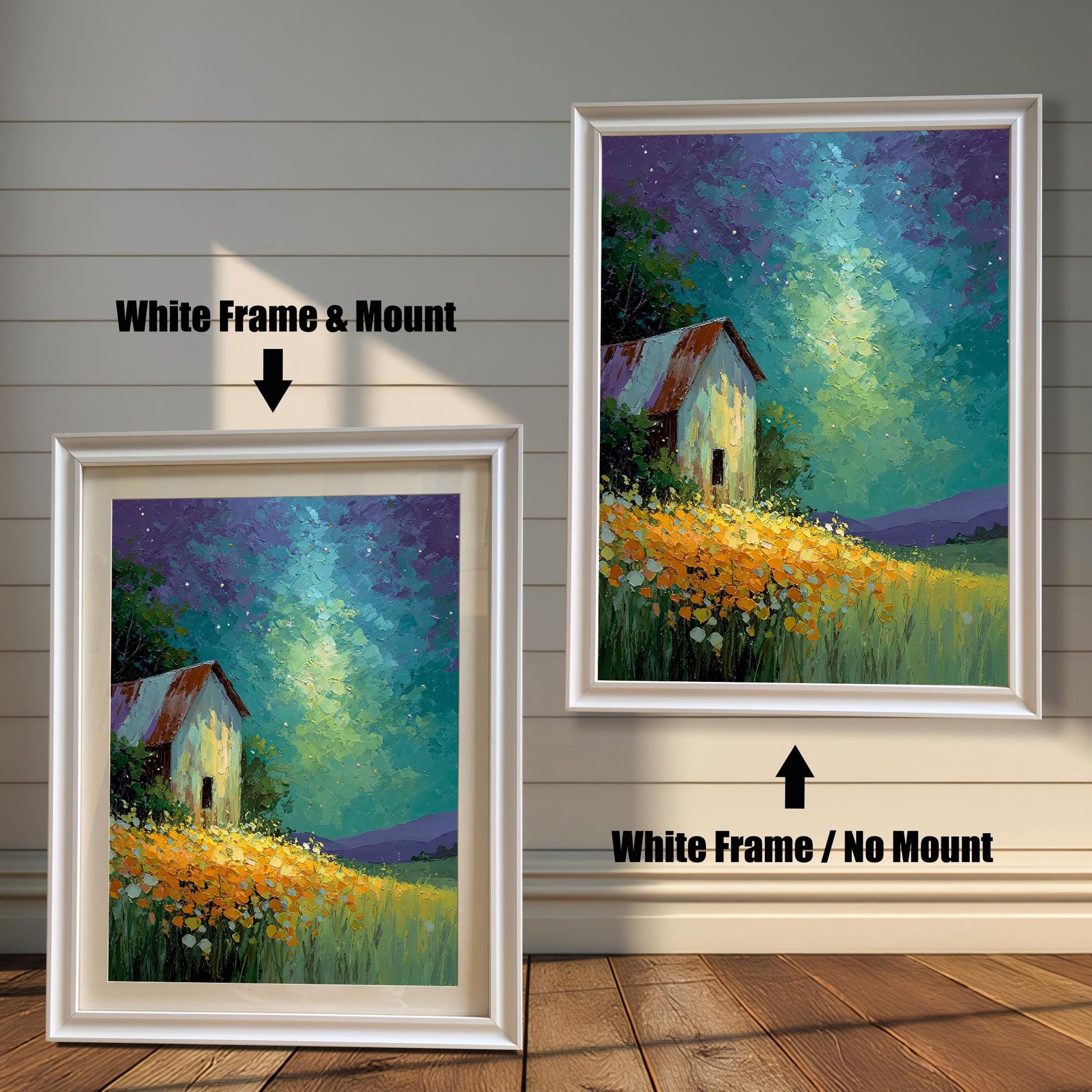 Two framed barn prints on a white wood wall. One shows a White Frame & Mount (matting), and the other a White Frame / No Mount. Arrows indicate the mounting difference.