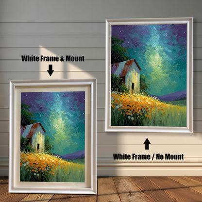 Two framed barn prints on a white wood wall. One shows a White Frame & Mount (matting), and the other a White Frame / No Mount. Arrows indicate the mounting difference.