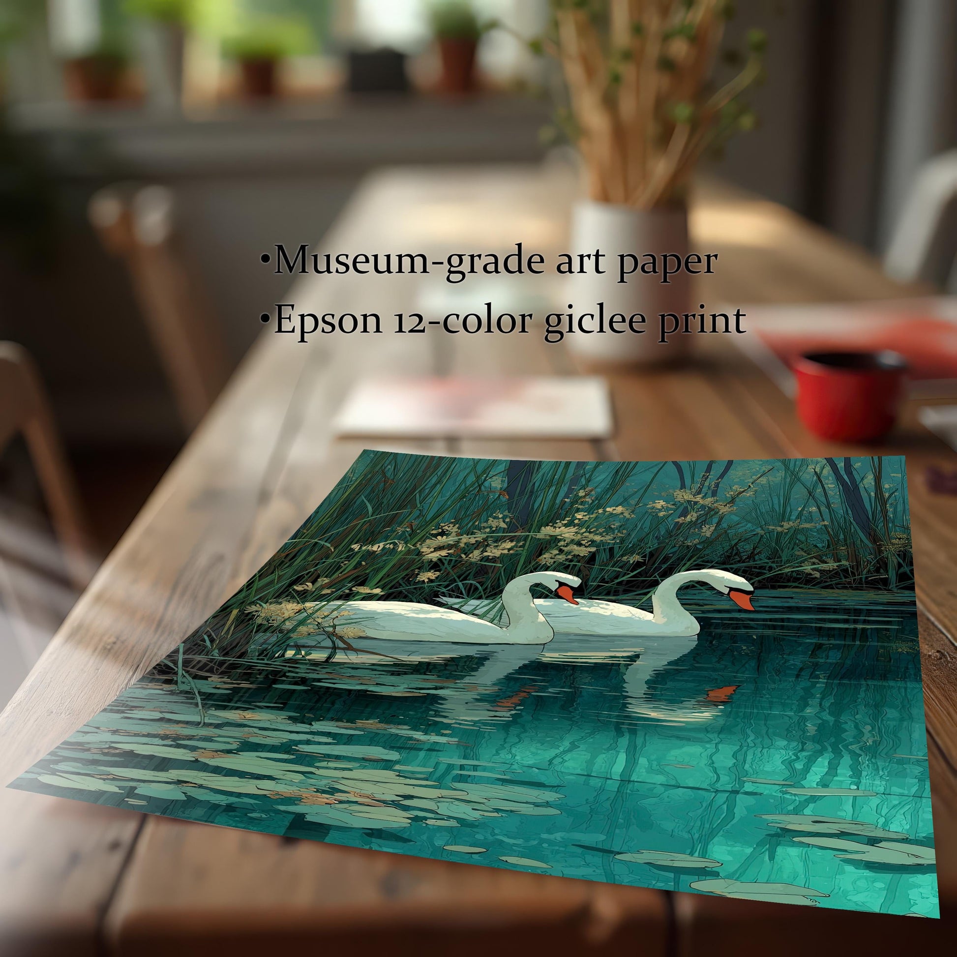 Close-up of a high-quality print of the swan artwork on a wooden table. Text highlights features: Museum-grade art paper and Epson 12-color giclee print.