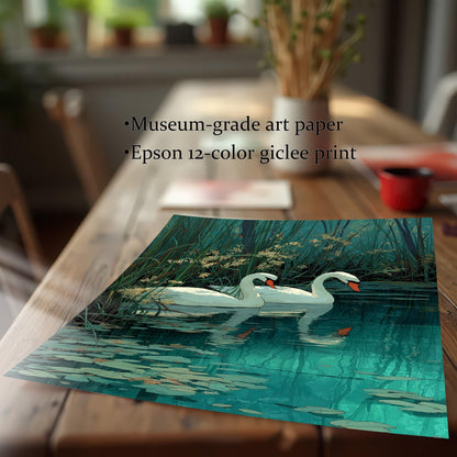 Close-up of a high-quality print of the swan artwork on a wooden table. Text highlights features: Museum-grade art paper and Epson 12-color giclee print.