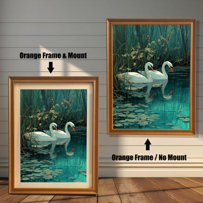 Two framed swan prints on a white wood wall. One shows an Orange Frame & Mount (matting), and the other an Orange Frame / No Mount. Arrows highlight the difference.