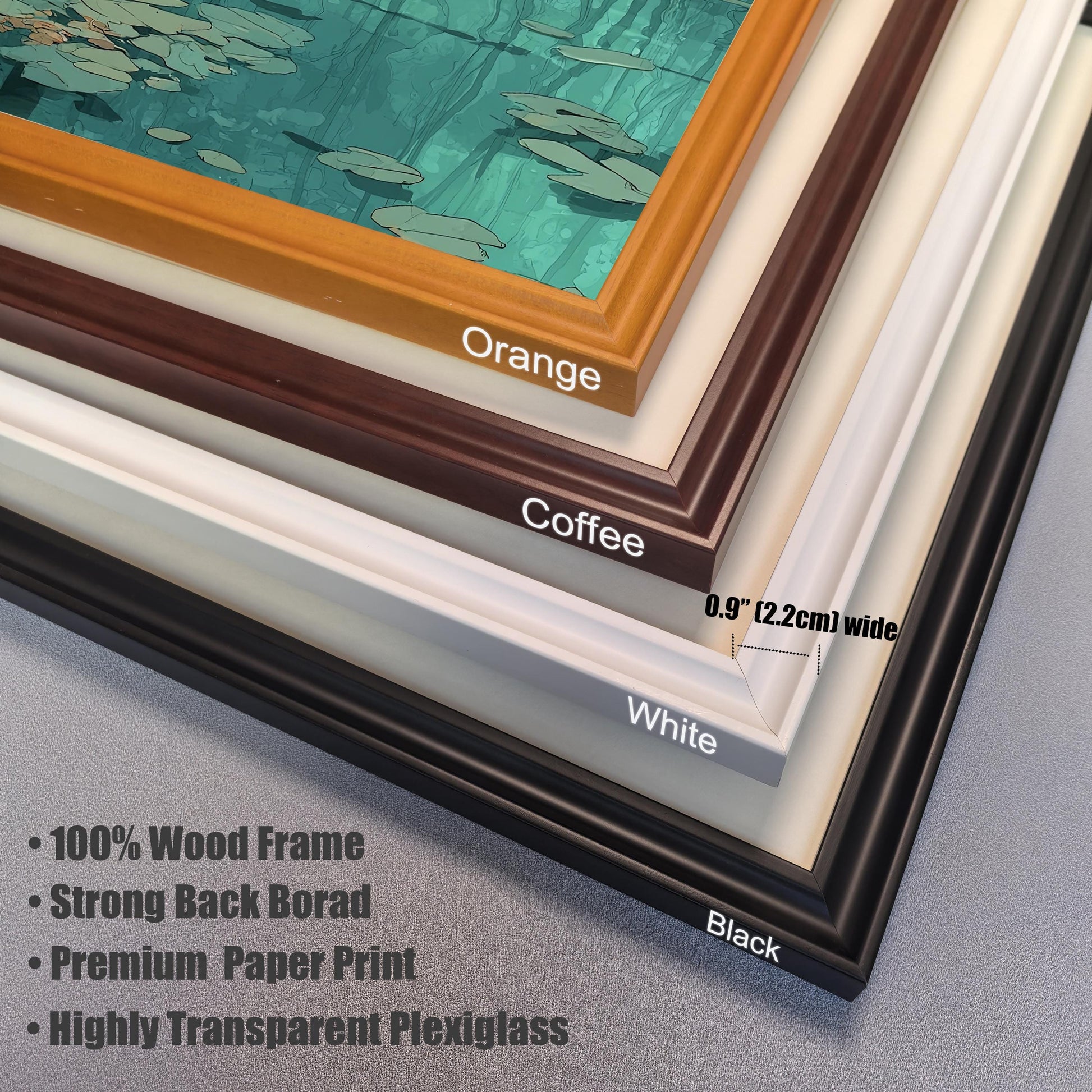 Close-up of four layered picture frame corners labeled Orange, Coffee, White, and Black. Text lists features: 100% Wood Frame, Strong Back Borad, Premium Paper Print, and Highly Transparent Plexiglass.