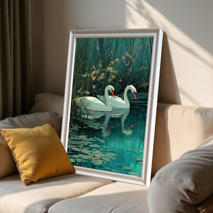 Painting of two white swans floating on turquoise water surrounded by reeds and lily pads, framed in White, propped on a beige sofa with a yellow pillow.