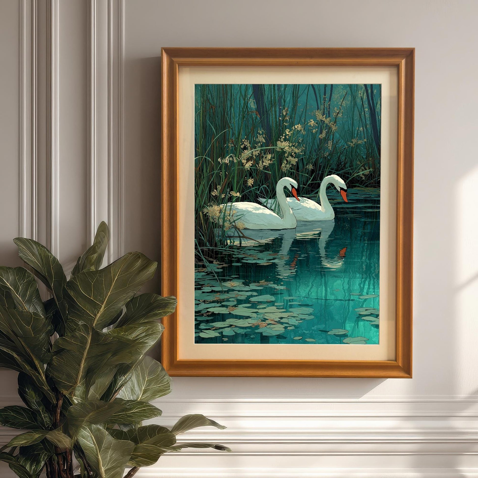 Artwork of two white swans on dark water in an Orange wood frame with a mat, hanging on a white wainscot wall next to a large potted green plant.