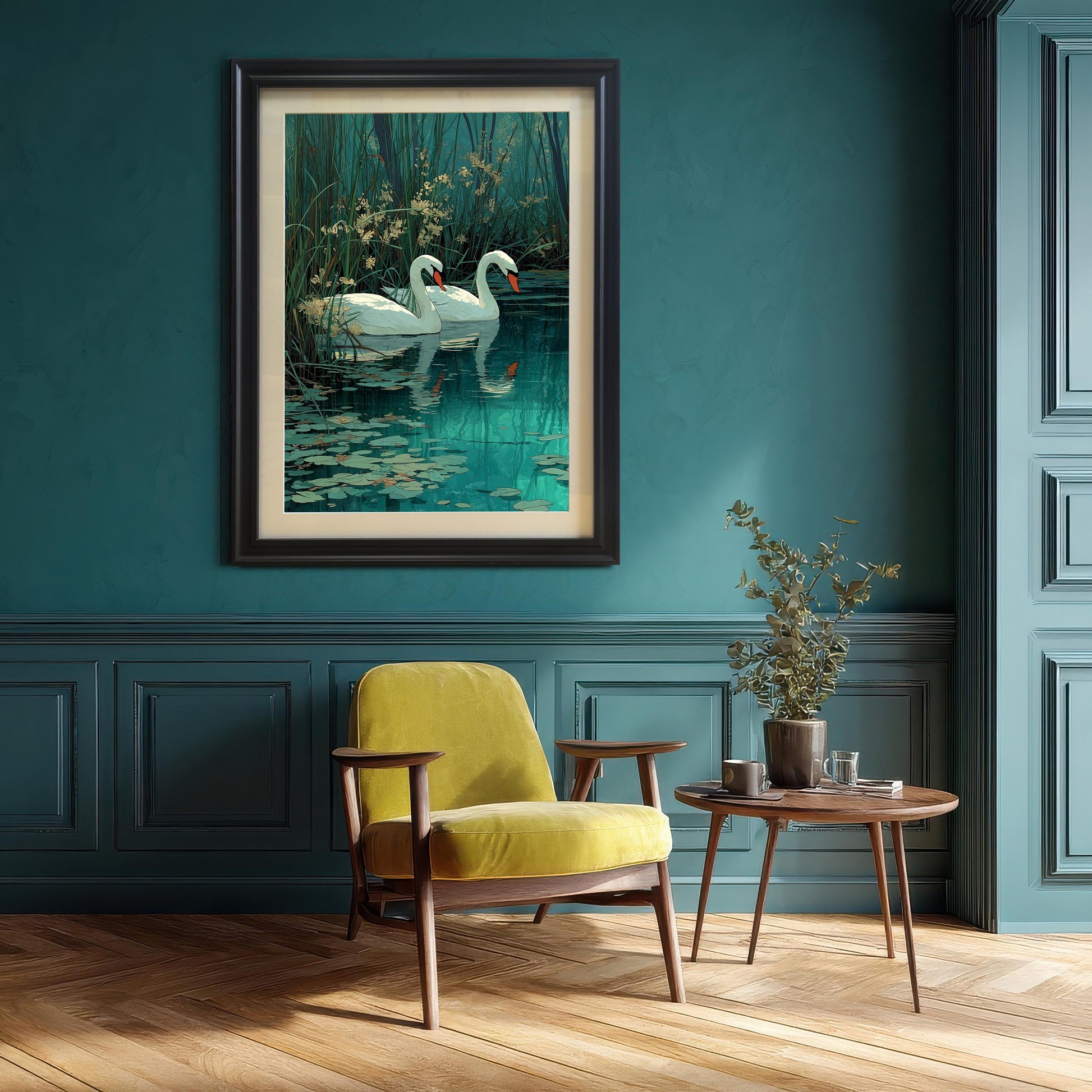 Large painting of two white swans on dark turquoise water in a Black frame with a mat, hung on a dark teal wall above a yellow armchair in a cozy reading corner.