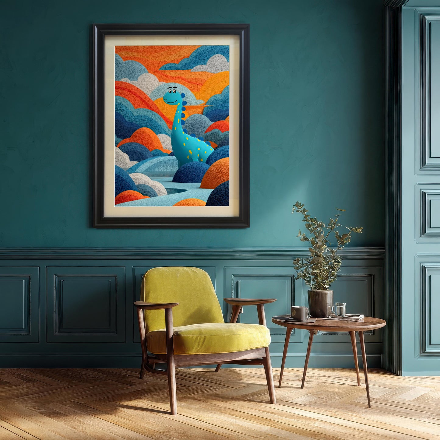 Large framed artwork of a friendly, blue dinosaur in a bright, textured landscape, hung on a teal wall above a vibrant yellow armchair and a small wooden side table.