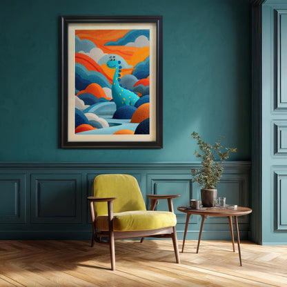 Large framed artwork of a friendly, blue dinosaur in a bright, textured landscape, hung on a teal wall above a vibrant yellow armchair and a small wooden side table.
