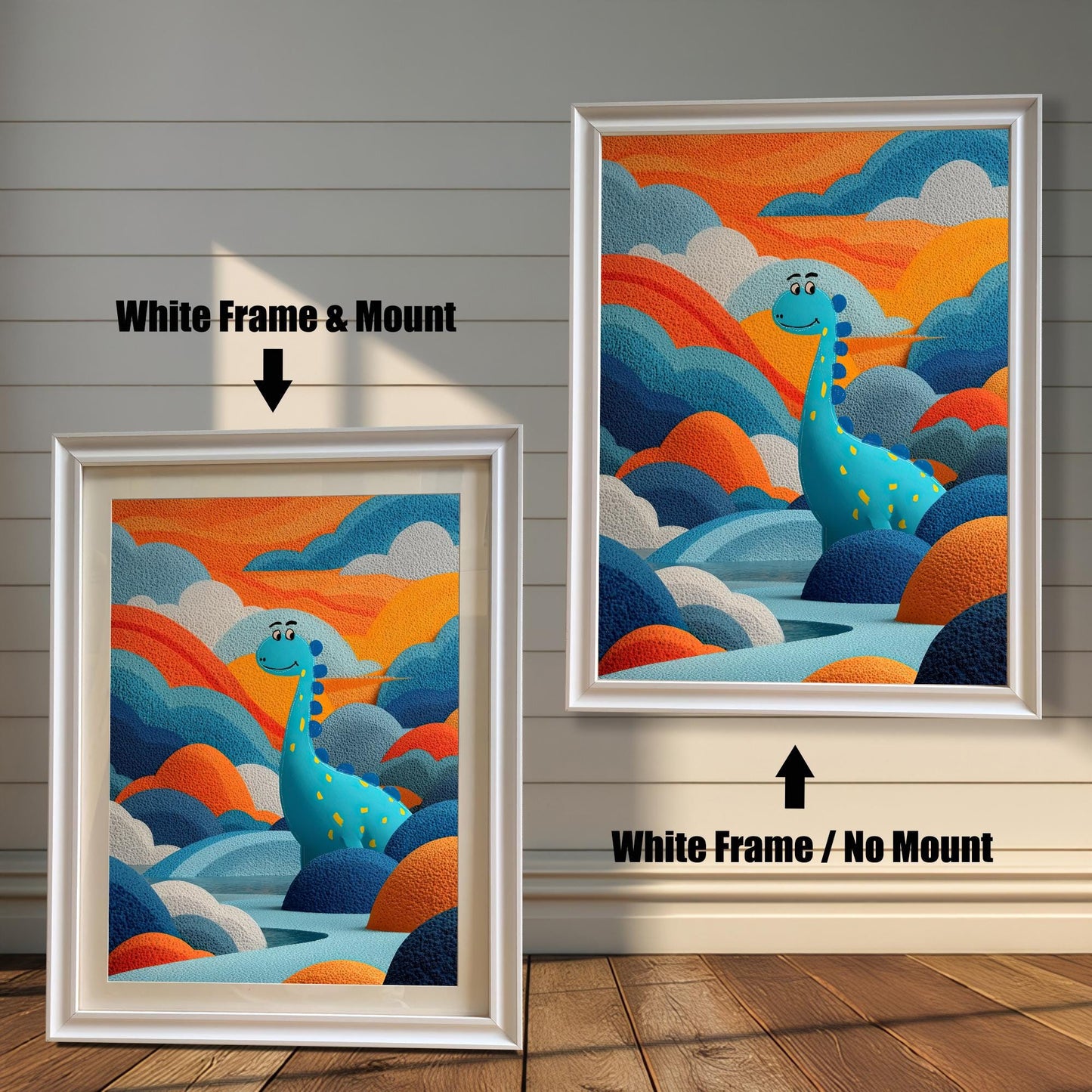 Two framed dinosaur prints on a white wood wall. One shows a White Frame & Mount (matting), and the other a White Frame / No Mount. Arrows indicate the difference in mounting.