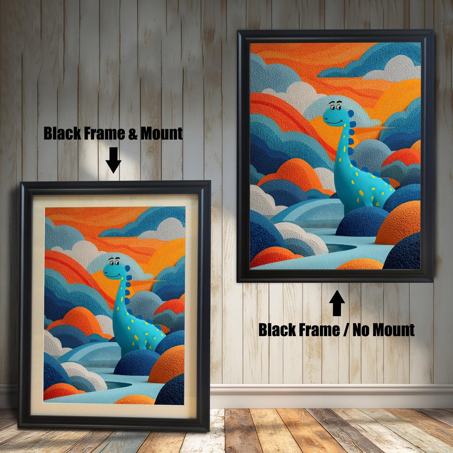 Two framed dinosaur prints on a white wood wall. One shows a Black Frame & Mount (matting), and the other a Black Frame / No Mount. Arrows highlight the difference.