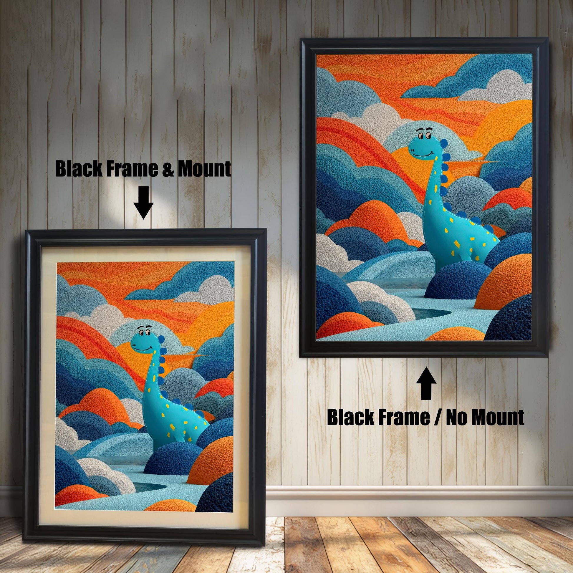 Two framed dinosaur prints on a white wood wall. One shows a Black Frame & Mount (matting), and the other a Black Frame / No Mount. Arrows highlight the difference.