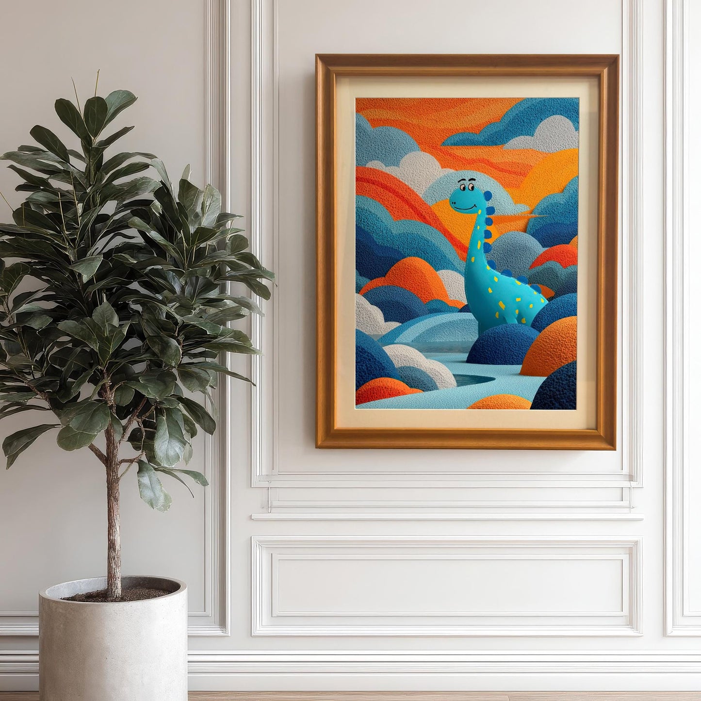 Artwork of the blue dinosaur in an Orange wood frame, hanging on a white wainscot wall next to a large potted green plant with dark leaves.