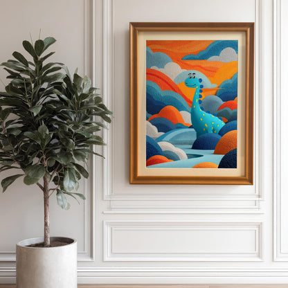 Artwork of the blue dinosaur in an Orange wood frame, hanging on a white wainscot wall next to a large potted green plant with dark leaves.