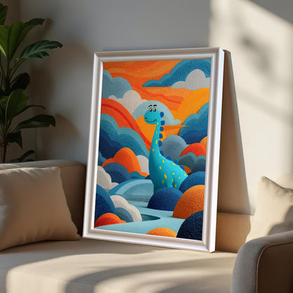 Artwork of a friendly, blue dinosaur in a colorful, textured setting, framed in a White wood frame, propped up on a beige sofa in a sunlit room next to a green plant.