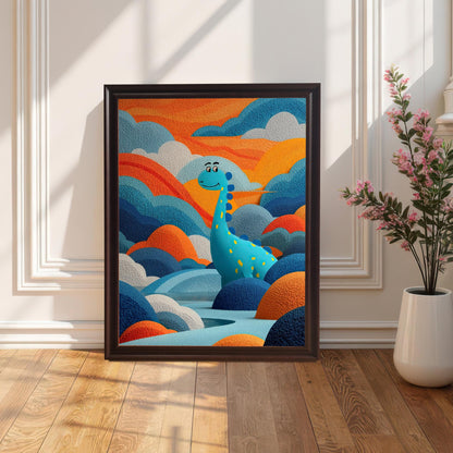 Artwork of a blue, spotted dinosaur in a textured landscape of orange and blue, framed in a dark Coffee-colored wood, standing on a wooden floor next to a white vase with flowers.