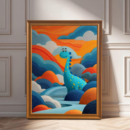 Stylized digital painting of a blue, spotted dinosaur in a colorful, textured landscape of blue, orange, and white clouds/hills, framed in Orange wood, leaning on a white wainscot wall.