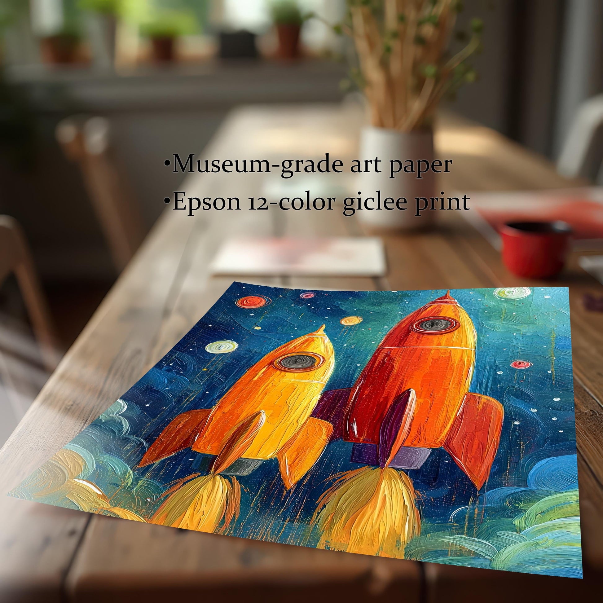 Close-up of a high-quality print of the rocket artwork on a wooden table, showing texture and detail. Text highlights features: Museum-grade art paper and Epson 12-color giclee print.
