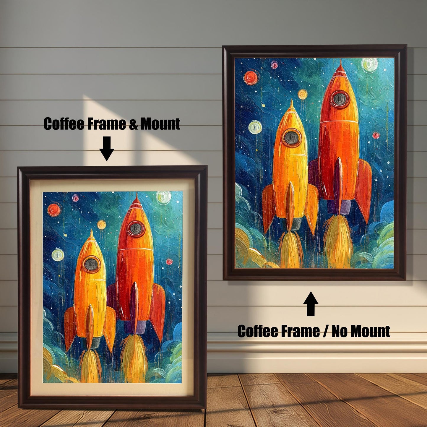 Two framed rocket prints on a white wood wall. One shows a Coffee Frame & Mount (matting), and the other a Coffee Frame / No Mount. Arrows highlight the difference.