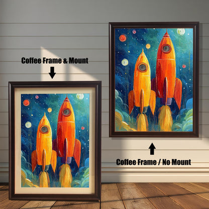 Two framed rocket prints on a white wood wall. One shows a Coffee Frame & Mount (matting), and the other a Coffee Frame / No Mount. Arrows highlight the difference.
