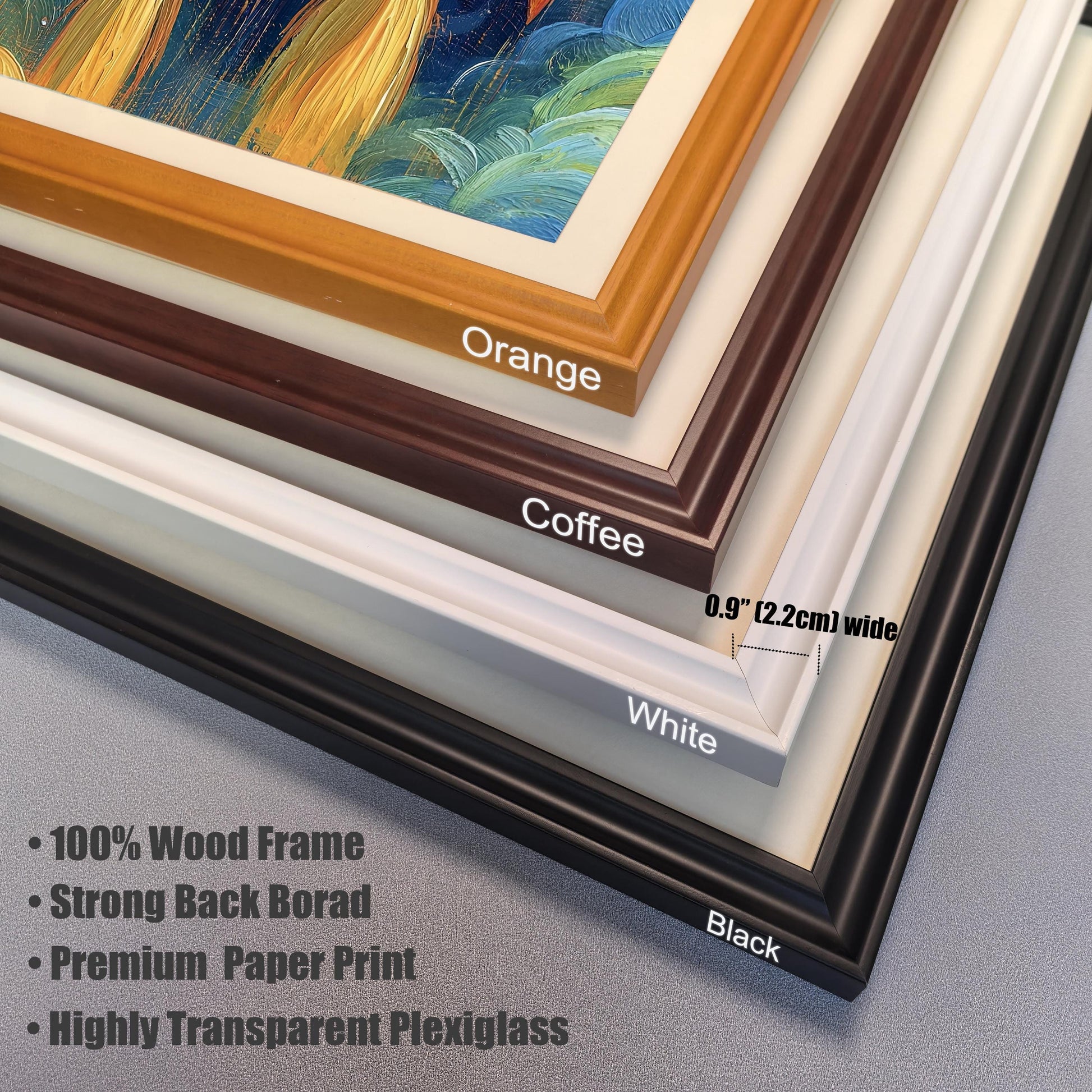 Close-up of four layered picture frame corners labeled Orange, Coffee, White, and Black. Text lists features: 100% Wood Frame, Strong Back Borad, Premium Paper Print, and Highly Transparent Plexiglass.