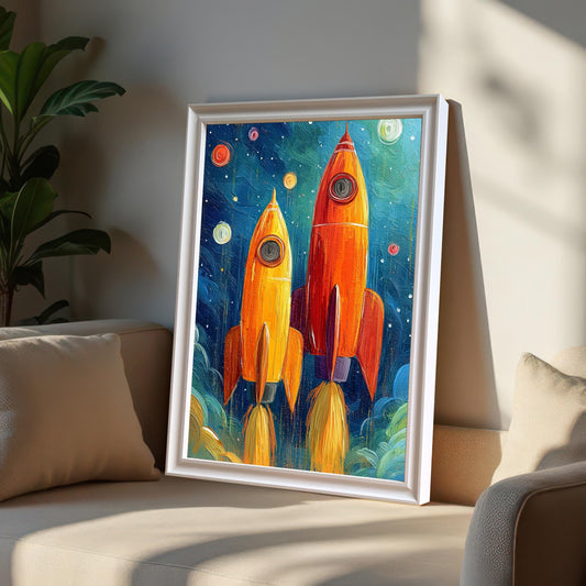 Oil painting of two rockets launching into a starry sky, in a White frame, propped up on a beige sofa next to a potted plant, with sunlight casting a shadow.