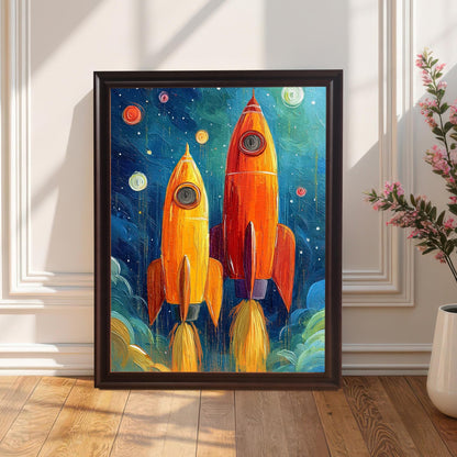 Oil painting of two rockets launching into space, framed in a dark Coffee-colored wood, sitting on a wood floor next to a white vase with pink flowers against a white wainscot wall.